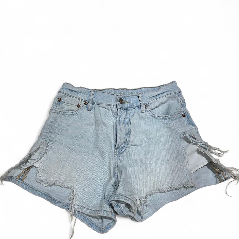 100% cotton American Eagle High-waisted light wash denim shorts with frayed hems - Picture 1 of 5